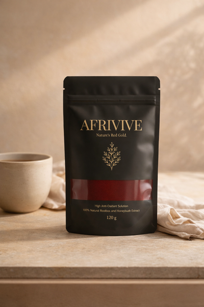 Afrivive packaging on a wooden surface with a neutral background