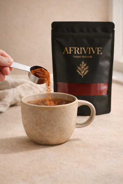 Person adding Afrivive tea extract to a mug with a bag of Afrivive in the background.